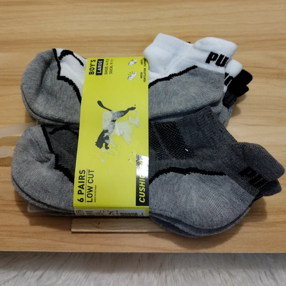 Puma Boys Low Cut Cushioned 6 Pair Multi-Pack Socks Boy Shoe Size 4-9.5 NWT